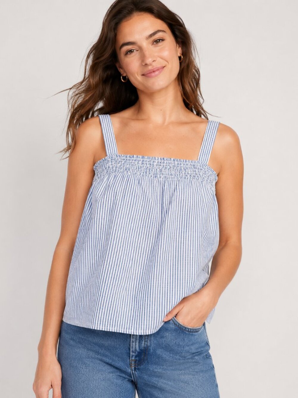 Old Navy Blue White Striped Smocked Tank Top L 100% Cotton Sleeveless Summer Blo